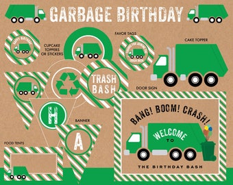 INSTANT DOWNLOAD - Garbage Truck Birthday Party package.  Trash and recycle themed decorations - banner, food tents, signs, and circles.