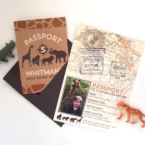 Safari Birthday Invitation, with giraffe, gorilla, lion and elephant.  A passport style invite, with photo, stamps and map on the inside.