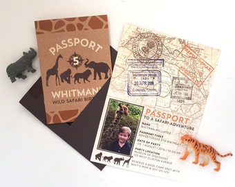 Safari Birthday Invitation, with giraffe, gorilla, lion and elephant.  A passport style invite, with photo, stamps and map on the inside.