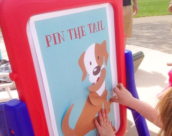 INSTANT DOWNLOAD - Pin the Tail on the Puppy birthday game for your puppy pawty! A spotted dog with red or pink lettering. No peeking!