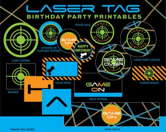 INSTANT DOWNLOAD - Laser Tag Party Package. A birthday party package with happy birthday banner, favor tags and more.  Neon lasers on black.