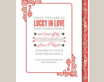 Casino Couples Shower Invitation, for a lucky in love couple. Also perfect Vegas wedding invitations on a vintage two of hearts playing card