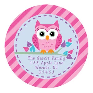 Owl Birthday Party Invitations for first or second birthday. A pink owl sitting in a tree. With pink, purple and aquamarine. What a hoot image 2