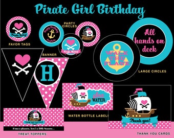 INSTANT DOWNLOAD - Girl Pirate Birthday Party Package, Pirate Girl Birthday, Pink Pirate Party Printables, Pirate Printables