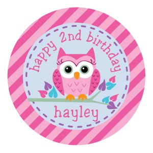 Owl Birthday Party Invitations for first or second birthday. A pink owl sitting in a tree. With pink, purple and aquamarine. What a hoot image 3