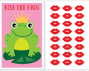 INSTANT DOWNLOAD - Pin the Kiss the Frog party game for your princess birthday. A frog prince in a crown, on a lily pad, & paper lips kisses