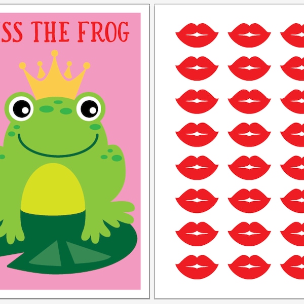 INSTANT DOWNLOAD - Pin the Kiss the Frog party game for your princess birthday. A frog prince in a crown, on a lily pad, & paper lips kisses