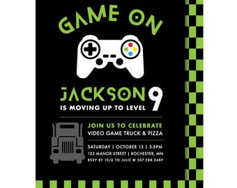 Video Game Birthday Invitation for a game truck party. Green and black pixel backer. For a boy or girl gamer. Game on and level up.