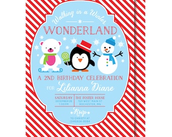 Winter Wonderland Invitation, Red, Winter Birthday, Printable or Printed