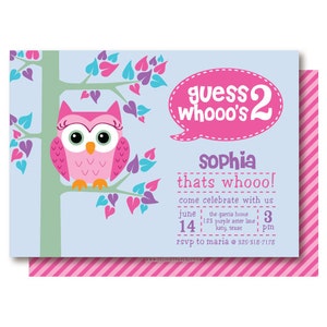 Owl Birthday Party Invitations for first or second birthday. A pink owl sitting in a tree. With pink, purple and aquamarine. What a hoot image 1