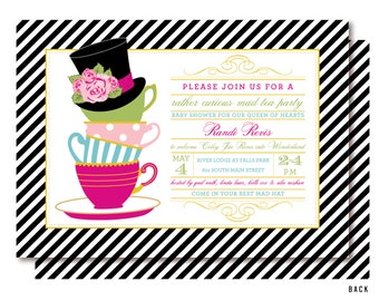 Mad Hatter Tea Party for a Bridal or Baby Shower. This Alice in Wonderland invitation has stacked tea cups, a black top hat, and stripes.