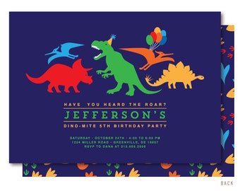 Dinosaur Birthday Invitation, with T-Rex, Triceratops, Stegosaurus, and Pterodactyl with balloons & party hats. Dino footprints on the back