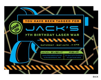 Laser Tag Birthday Invitation for a boy or girl party.  Black and neon with lasers and laser gun. Ready aim fire, and game on!