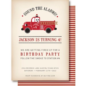 Vintage Fire Truck Birthday Invitation with a dalmatian fire dog driving a firetruck with burned edges and red stripes. Sound the alarms image 1