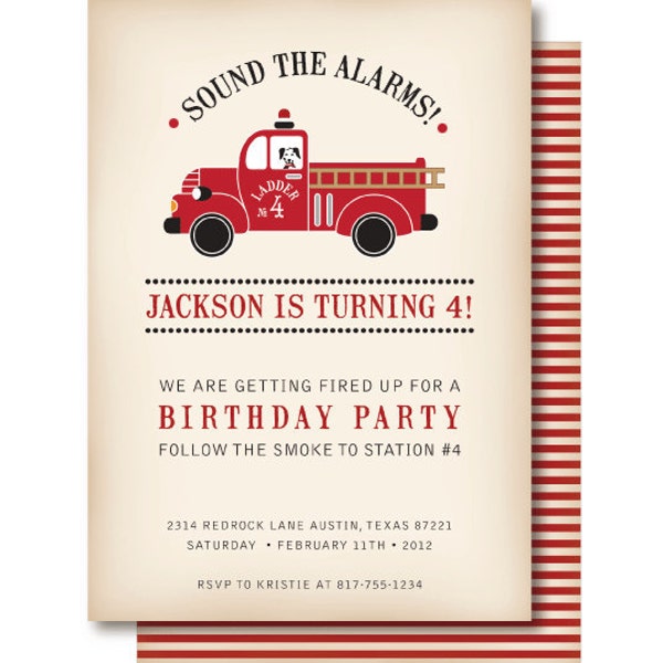 Vintage Fire Truck Birthday Invitation with a dalmatian fire dog driving a firetruck with burned edges and red stripes.  Sound the alarms!