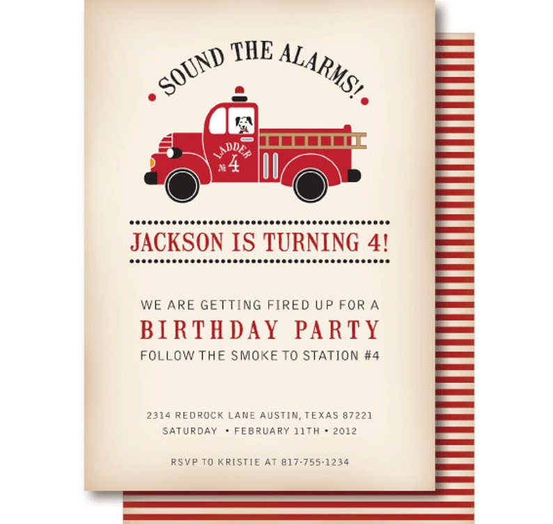 Vintage Fire Truck Birthday Invitation with a dalmatian fire dog driving a firetruck with burned edges and red stripes. Sound the alarms image 1