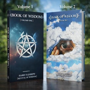 Puede incluir: Se muestran dos libros de tapa dura titulados "Book of Wisdom". El volumen 1 presenta una cubierta azul oscuro con un pentagrama y el texto "Volume One". El volumen 2 muestra un ojo que mira a través de las nubes. El nombre del autor y el título del libro son visibles.