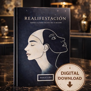 May include: A hardcover book titled "REALIFESTACIÓN" with a dark blue cover featuring a side profile illustration of a woman's face. A round "DIGITAL DOWNLOAD" sticker is on the table. The book is from "SONATURA".