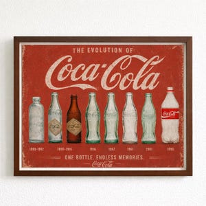 Puede incluir: Impresión enmarcada que muestra la evolución de las botellas de Coca-Cola de 1885 a 1993. La imagen presenta varios diseños de botellas sobre un fondo rojo, con el logotipo de Coca-Cola y el texto "ONE BOTTLE. ENDLESS MEMORIES."