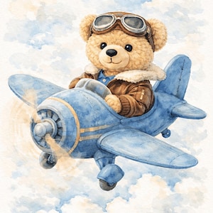 May include: Watercolor illustration of a teddy bear wearing aviator goggles and a brown leather jacket, piloting a light blue biplane. The plane has yellow accents and a spinning propeller. The background features a cloudy sky.