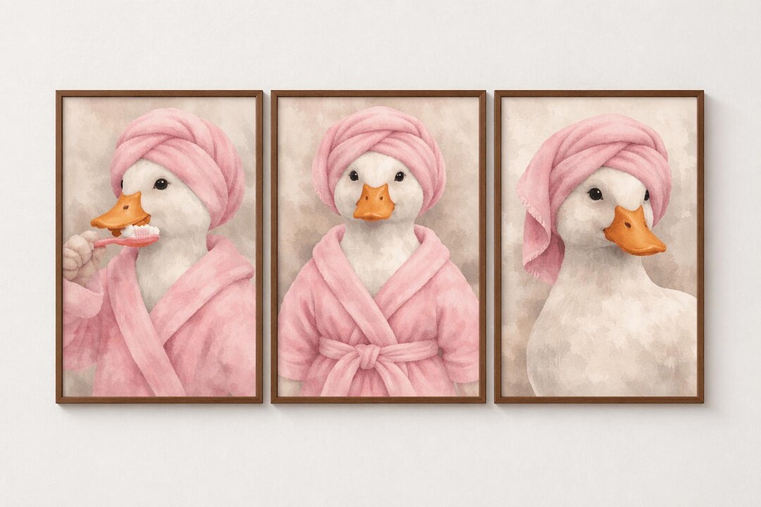 Duck Spa Bath Set • 3‑piece Bathroom Wall Art • Pink Towel Printable ...