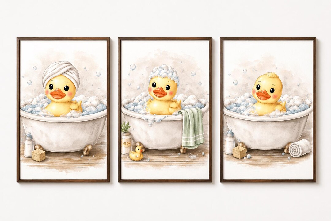 Rubber Duck Bath Set • 3‑piece Bathroom Wall Art • Bubble Bath ...