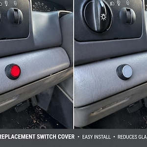 May include: Image comparison of a car dashboard before and after a replacement switch cover installation. The "before" image shows a red switch, while the "after" image shows a gray switch. The text at the bottom reads "REPLACEMENT SWITCH COVER • EASY INSTALL • REDUCES GLARE."