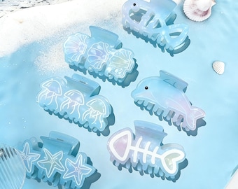 Pinza para el cabello de acetato de la serie Océano, accesorios con forma de estrella de mar, concha, delfín y hueso de pez en degradado azul