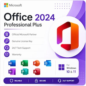 Könnte beinhalten: Werbebild für Microsoft Office 2024 Professional Plus. Das Design zeigt das Microsoft-Logo, den Produktnamen und Symbole, die Funktionen wie einen echten Lizenzschlüssel und 24/7 technischen Support darstellen. Kompatibel mit Windows 10 & 11.
