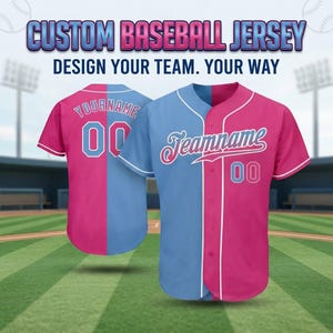 May include: A split-colour baseball jersey featuring a light blue and pink design. The front displays the text Teamname and the number 00, while the back shows Yourname and the number 00. The text CUSTOM BASEBALL JERSEY DESIGN YOUR TEAM. YOUR WAY is visible.