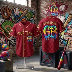 Op de afbeelding: Een bordeauxrood honkbalshirt met gouden biezen, een knoopsluiting aan de voorzijde en een herhalend monogrampatroon. De voorzijde toont de tekst YOUR TEAM en een kleurrijk druipend GB-logo. De achterzijde toont YOUR NAME en een groot GB-logo.