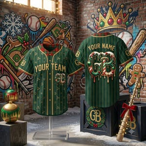 Op de afbeelding: Een groen honkbalshirt met gouden krijtstrepen, voorzien van de tekst YOUR TEAM en GB op de voorzijde, en YOUR NAME en een grote GB-afbeelding op de achterzijde. Het ontwerp bevat kerstthema-elementen zoals zuurstokken en kerstballen.