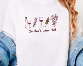 Chemise club de vin personnalisée, cadeau personnalisé d'amateur de vin, t-shirt mignon verre de vin raisins olives, t-shirt esthétique vin nom personnalisé