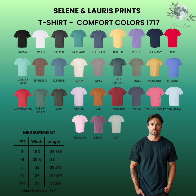 Peut inclure: Un nuancier pour les t-shirts Comfort Colors 1717 de Selene & Lauris Prints, pr&eacute;sentant 29 options de couleurs unies avec des noms comme Black, White et Crimson. Un tableau de mesures indique les largeurs et longueurs en cm pour les tailles S &agrave; 2XL.