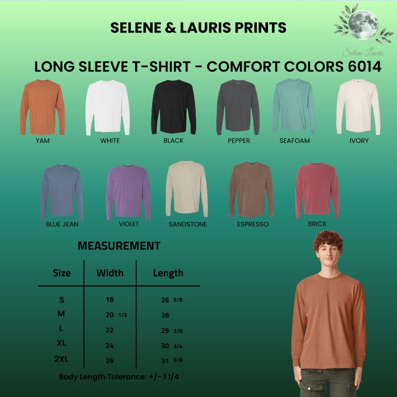 Peut inclure: Un nuancier pour les t-shirts &agrave; manches longues Comfort Colors 6014 de Selene & Lauris Prints, pr&eacute;sentant onze options de couleurs : yam, white, black, pepper, seafoam, ivory, blue jean, violet, sandstone, espresso et brick, avec un tableau.