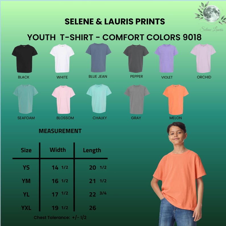 Peut inclure: Un nuancier pour les t-shirts pour jeunes Comfort Colors 9018 de Selene & Lauris Prints, pr&eacute;sentant onze options de couleurs unies dont noir, blanc, bleu jean, poivre, violet, orchid&eacute;e, &eacute;cume de mer, fleur, crayeux, gris et melon avec un tableau.