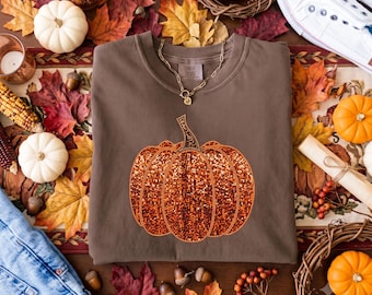 Camiseta con estampado de calabaza brillante, camiseta acogedora de otoño con estampado de calabaza, top de regalo para mujer para el Día de Acción de Gracias (no es purpurina real, solo estampado).