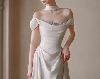 Off-Shoulder Satin Wedding Dress, Elegant Drape Bridal Gown, A-Line Column Formal Gown