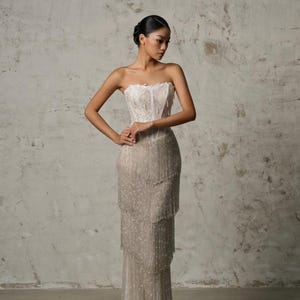 beaded fringe tiered dress Beaded V Neck Tiered Fringe Column Prom Gown 49269
