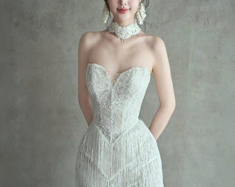 Lace Fringe Mini Wedding Dress, Strapless Corset Bridal Gown, Boho Cocktail Party Dress, Short White Fringe Dress for Reception