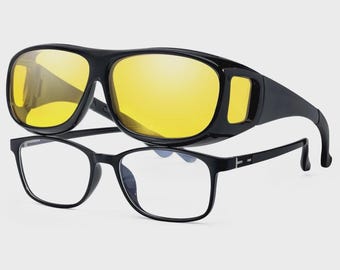 Night Vision Pro Driving Glasses Anti-Glare Polarized Wear Over Yellow Lens A