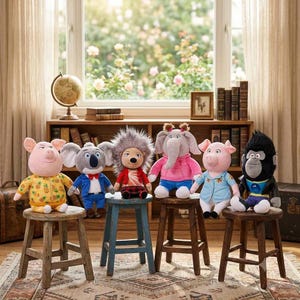 Puede incluir: Una colección de seis personajes animales de peluche de la película Sing, incluyendo un cerdo con camisa de piñas, un koala con chaqueta azul, un puercoespín con chaqueta roja, un elefante con sudadera rosa, un cerdo con camisa azul y un gorila con chaqueta negra.