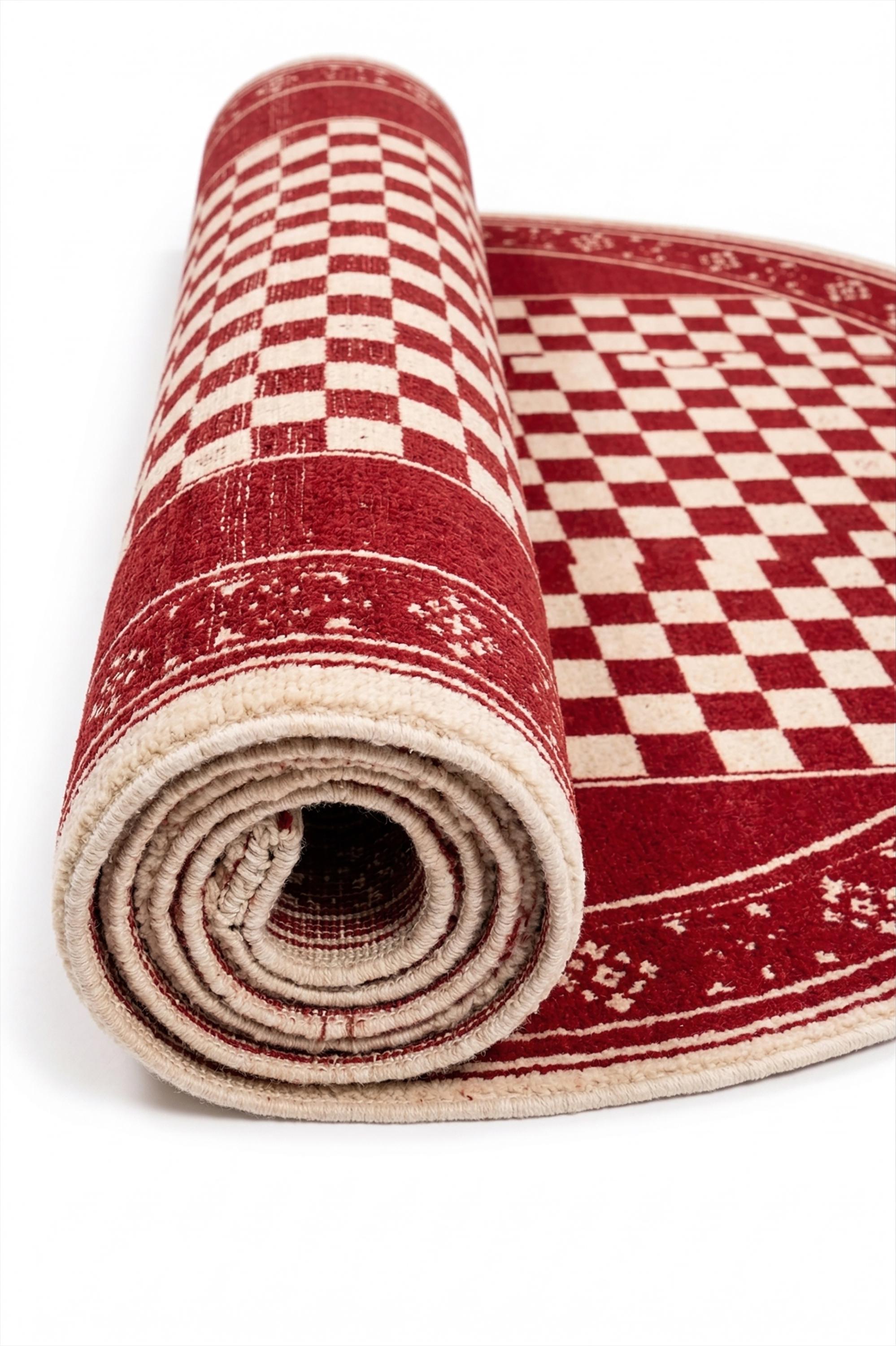 Red Rug White Line Work Hand Knotted Red and White Checkered Rug, Round Wool Area Rug for ...