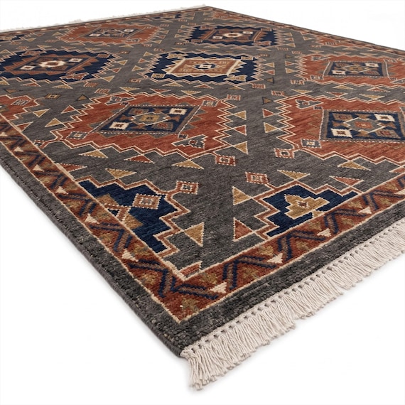 Hand Knotted Wool Rug, Geometric Tribal Area Rug, Modern Bohemian Gray & Terracotta Rug, Rectangle Handwoven Decorative Carpet