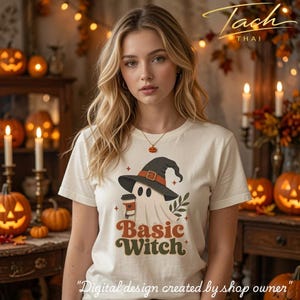 Comfort Colors Basic Witch Shirt | Cute Spooky Ghost Coffee Tee | Vintage Fall Pumpkin Spice Latte Outfit | Retro Halloween Gift for Her
