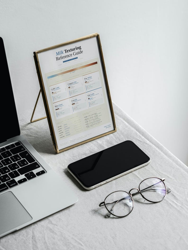 Peut inclure: Un cadre dor&eacute; contenant un "Guide de r&eacute;f&eacute;rence sur la texturation du lait" est pos&eacute; sur une table avec un ordinateur portable, un smartphone et des lunettes rondes. Le guide affiche du texte et des sections cod&eacute;es par couleur.