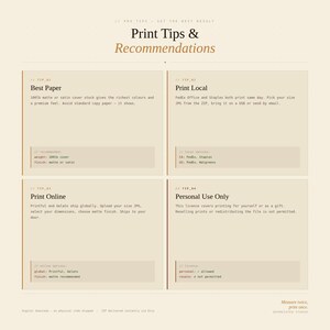 Peut inclure: Un graphique beige avec le texte "Print Tips & Recommendations". L'image est divis&eacute;e en quatre sections avec du texte sur le papier, l'impression locale, l'impression en ligne et l'utilisation personnelle. Le texte comprend des recommandations pour l'impression.