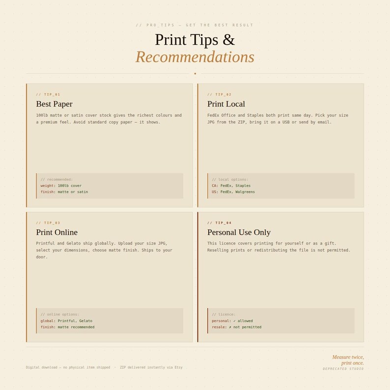 Peut inclure: Un graphique beige avec le texte "Print Tips & Recommendations". L'image est divis&eacute;e en quatre sections avec du texte sur le papier, l'impression locale, l'impression en ligne et l'utilisation personnelle. Le texte comprend des recommandations pour l'impression.