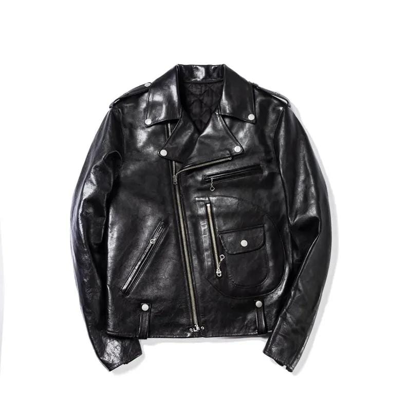 May include: A black leather jacket with a classic biker style. Features include an asymmetrical zipper, multiple pockets, and silver-tone hardware. The jacket has a glossy finish and a tailored fit.