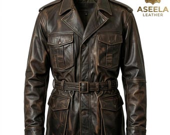 May include: A brown leather jacket with a belted waist and multiple pockets. The jacket has a classic design with a collared neckline and button closures. The leather has a distressed appearance, giving it a vintage look. The jacket also features shoulder epaulettes.